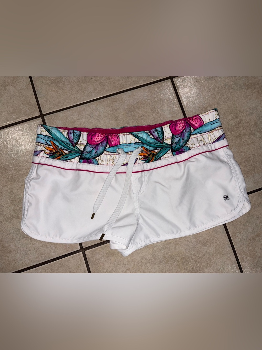 Roxy White Swim Shorts with Floral Teal & Pink Waistband